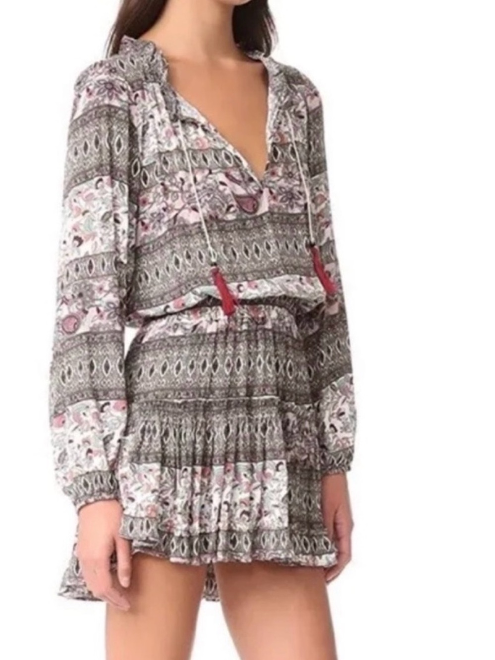Misa Los Angeles Gray and Pink Boho Long-Sleeve Mini Dress